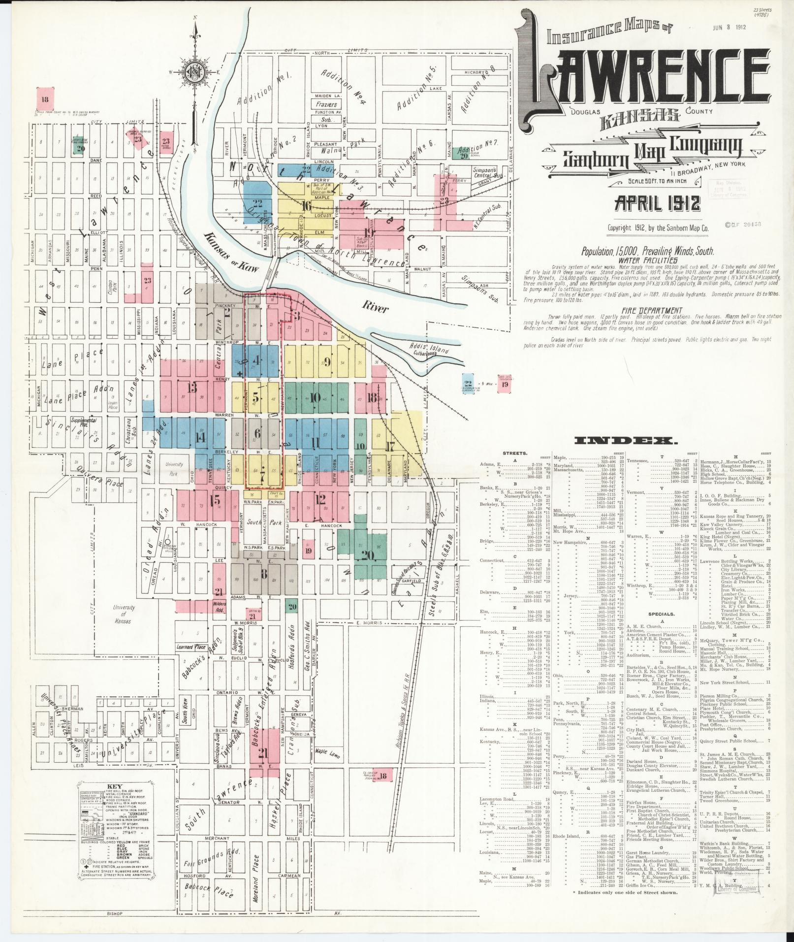 Sanborn Fire Insurance Map from Lawrence, Douglas County, Kansas (1912), Sheet #0001 - Complete Map Set gallery image, historic Sanborn map, vintage wall art, Kansas Kansas