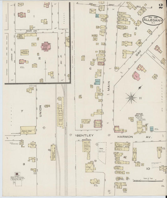 Sanborn Fire Insurance Map from Allegany, Cattaraugus County, New York (1886), Sheet #0002 - Historic Sanborn Fire Insurance Map Print, vintage old map wall art, antique decor, genealogy gift, New York New York map