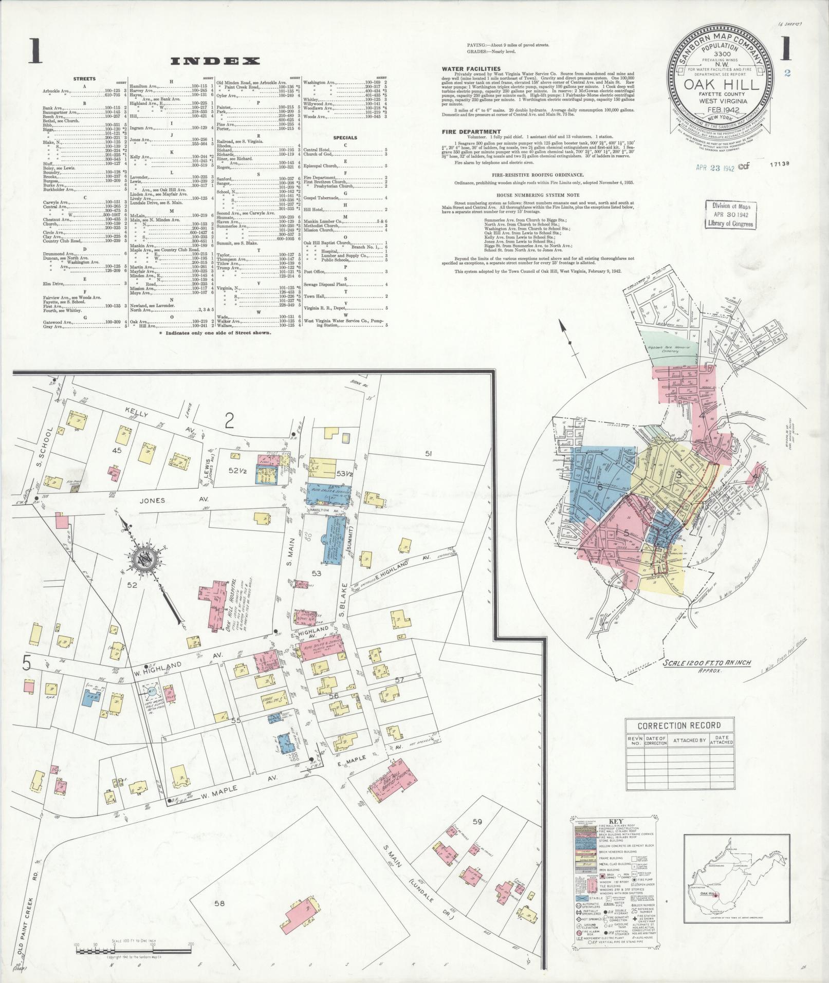 Sanborn Fire Insurance Map from Oak Hill, Fayette County, West Virginia (1942), Sheet #0001 - Complete Map Set gallery image, historic Sanborn map, vintage wall art, West Virginia West Virginia