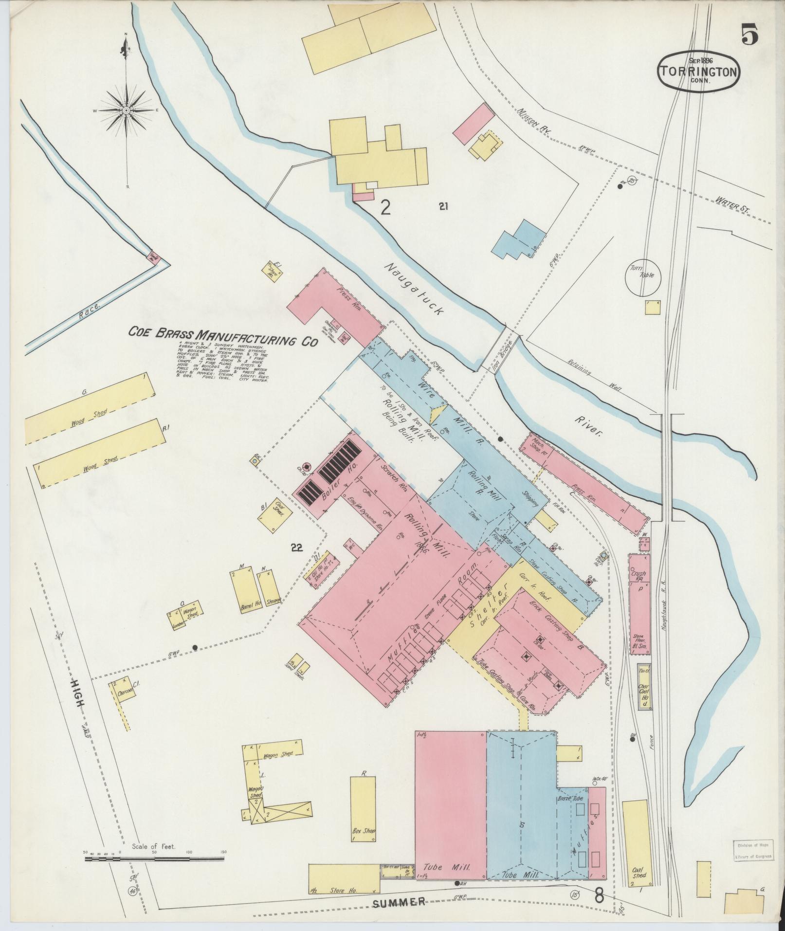 Sanborn Fire Insurance Map from Torrington, Litchfield County, Connecticut (1896), Sheet #0005 - Historic Sanborn Fire Insurance Map Print, vintage old map wall art, antique decor, genealogy gift, Connecticut Connecticut map