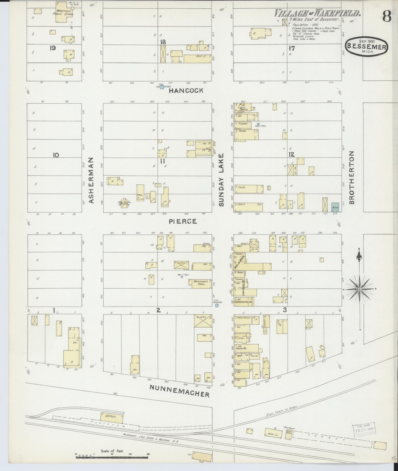 Sanborn Fire Insurance Map from Bessemer, Gogebic County, Michigan (1891), Sheet #0008 - Complete Map Set gallery image, historic Sanborn map, vintage wall art, Michigan Michigan