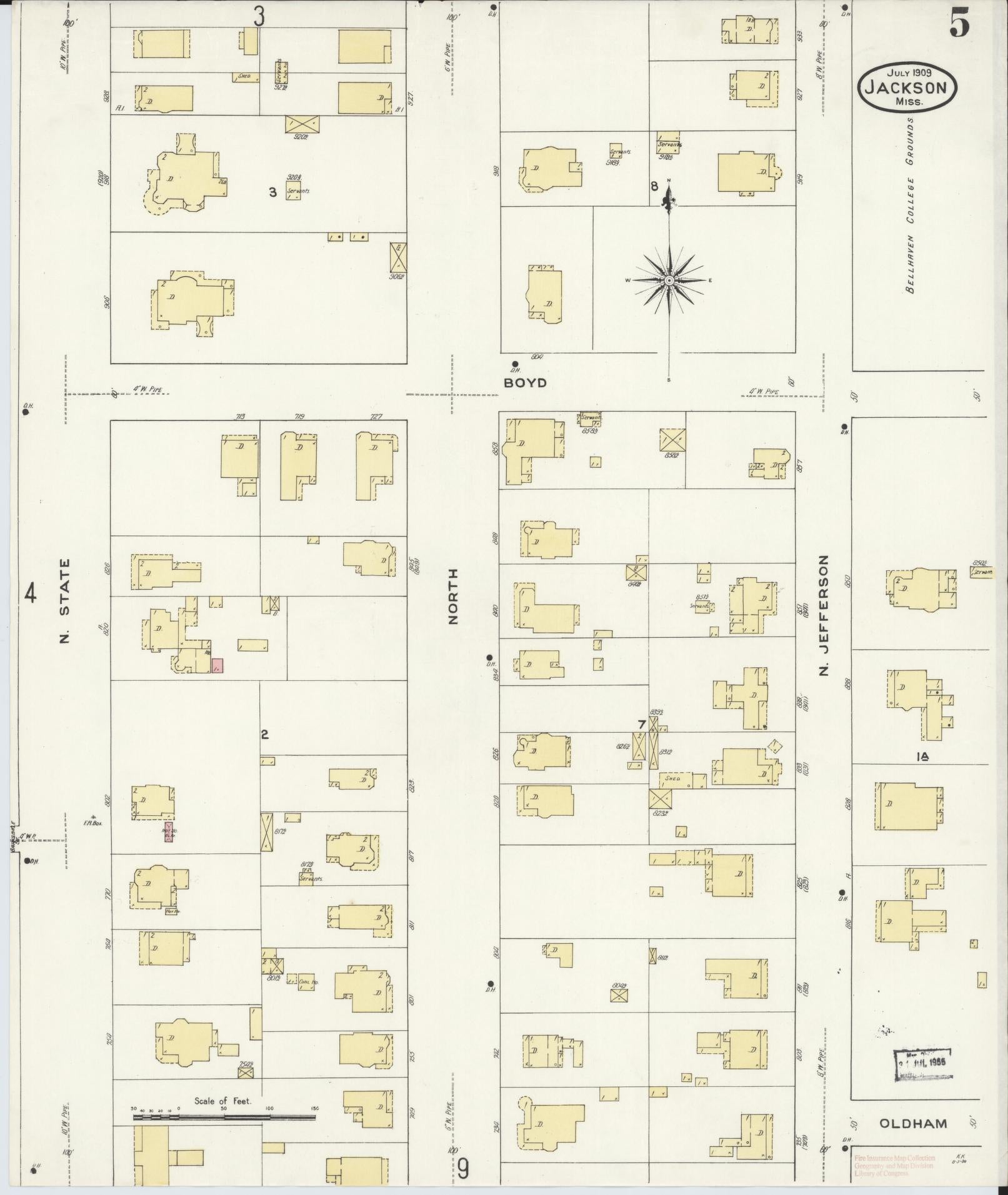 Sanborn Fire Insurance Map from Jackson, Hinds County, Mississippi (1909), Sheet #0005 - Historic Sanborn Fire Insurance Map Print, vintage old map wall art, antique decor, genealogy gift, Mississippi Mississippi map
