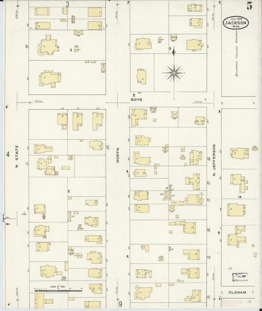 Sanborn Fire Insurance Map from Jackson, Hinds County, Mississippi (1909), Sheet #0005 - Historic Sanborn Fire Insurance Map Print, vintage old map wall art, antique decor, genealogy gift, Mississippi Mississippi map