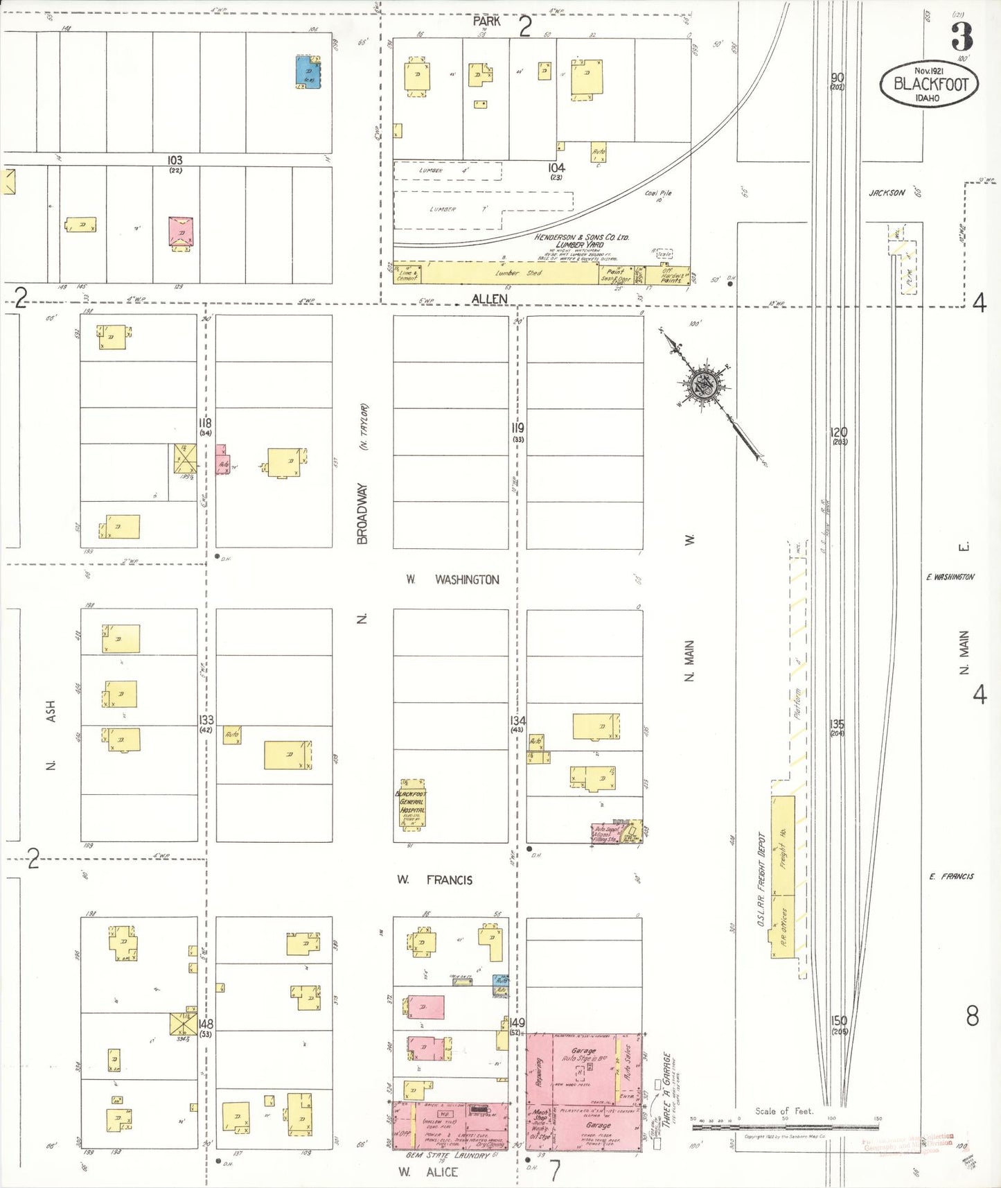 Sanborn Fire Insurance Map from Blackfoot, Bingham County, Idaho (1921), Sheet #0003 - Complete Map Set gallery image, historic Sanborn map, vintage wall art, Idaho Idaho