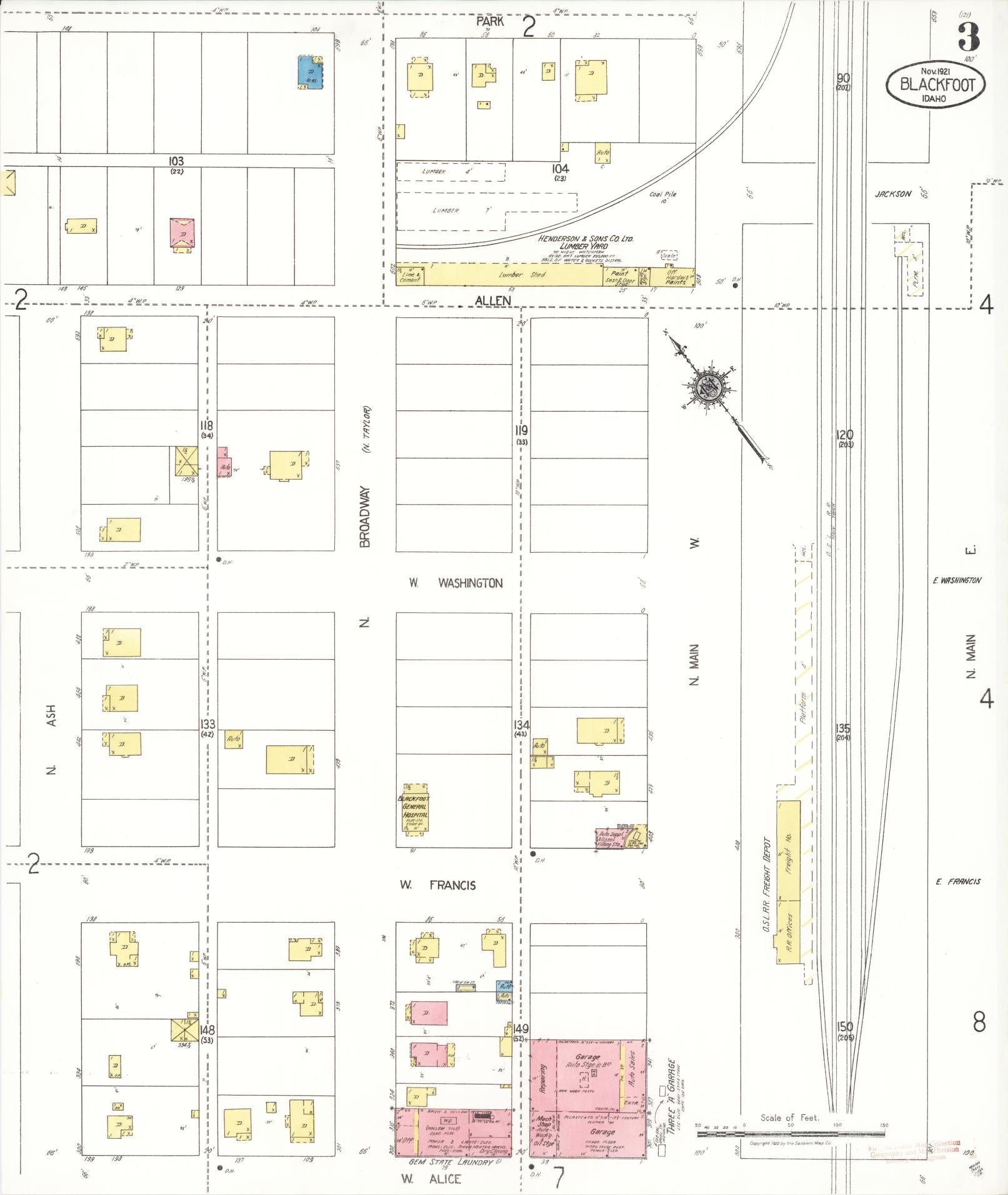 Sanborn Fire Insurance Map from Blackfoot, Bingham County, Idaho (1921), Sheet #0003 - Complete Map Set gallery image, historic Sanborn map, vintage wall art, Idaho Idaho