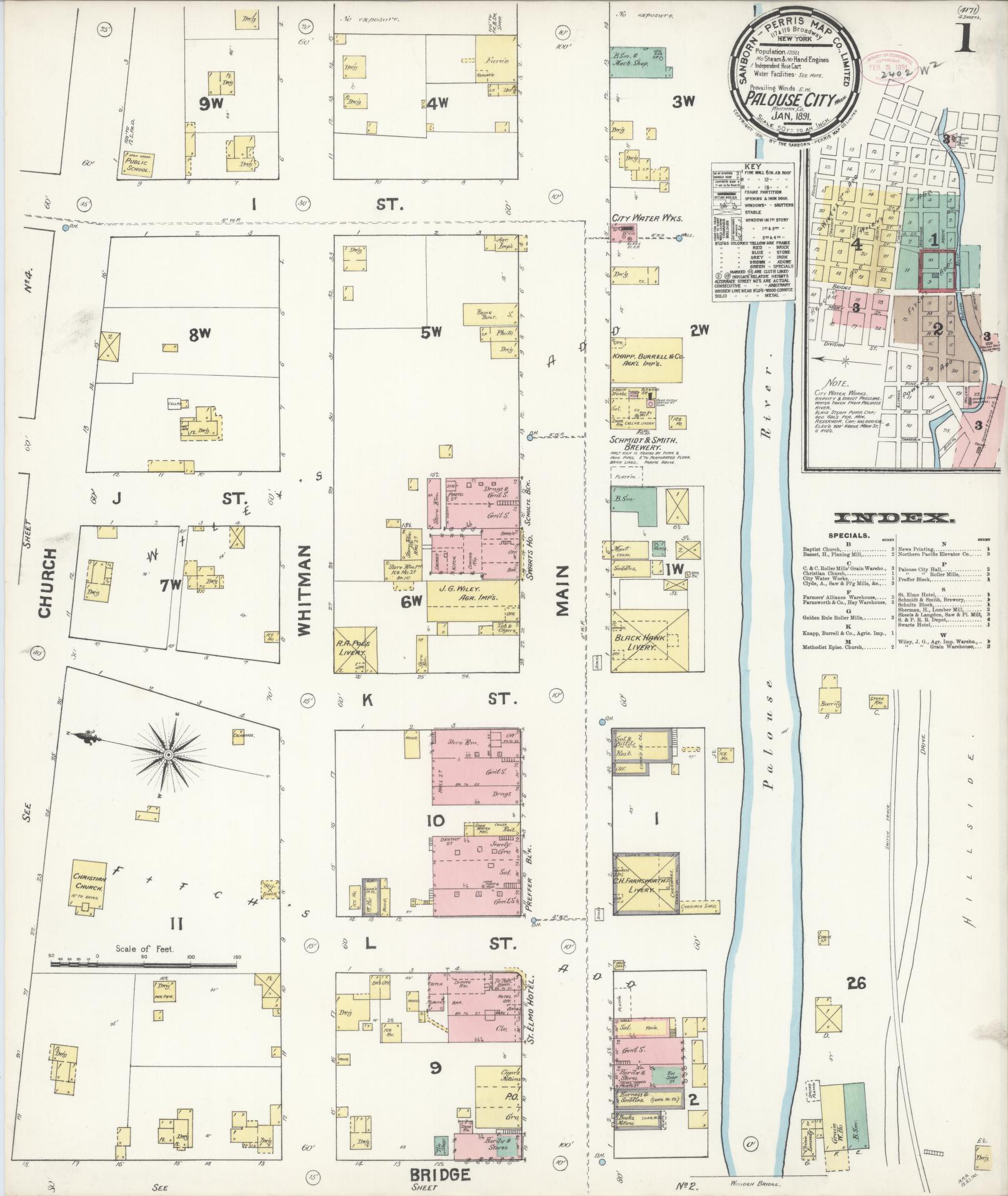 Sanborn Fire Insurance Map from Palouse City, Whitman County, Washington (1891), Sheet #0001 - Complete Map Set gallery image, historic Sanborn map, vintage wall art, Washington Washington