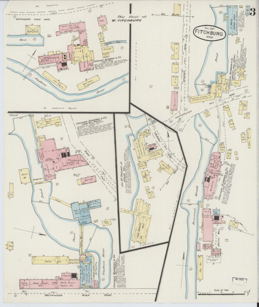 Sanborn Fire Insurance Map from Fitchburg, Worcester County, Massachusetts (1887), Sheet #0003 - Historic Sanborn Fire Insurance Map Print, vintage old map wall art, antique decor, genealogy gift, Massachusetts Massachusetts map