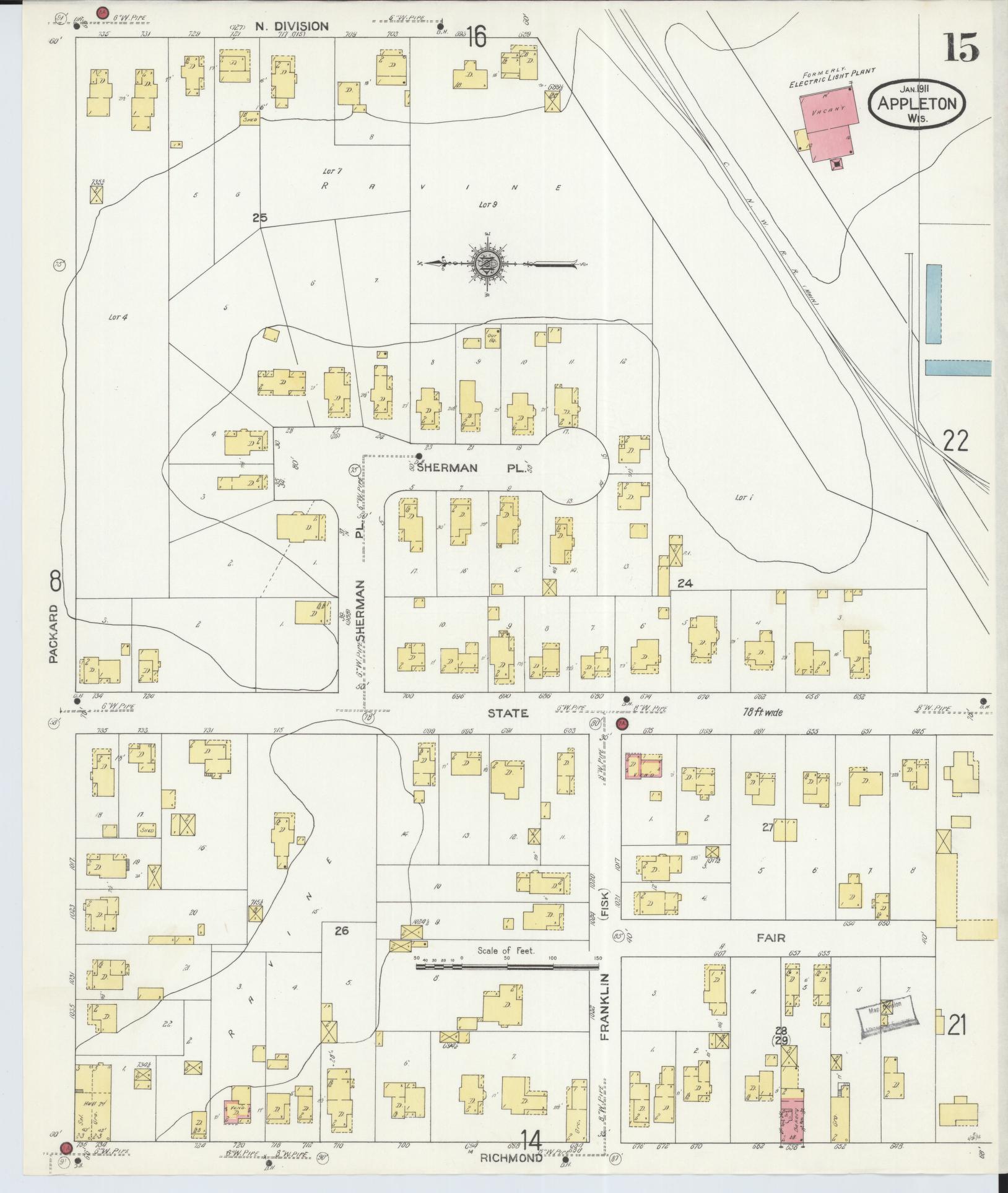 Sanborn Fire Insurance Map from Appleton, Outagamie County, Wisconsin (1911), Sheet #0015 - Historic Sanborn Fire Insurance Map Print, vintage old map wall art, antique decor, genealogy gift, Wisconsin Wisconsin map