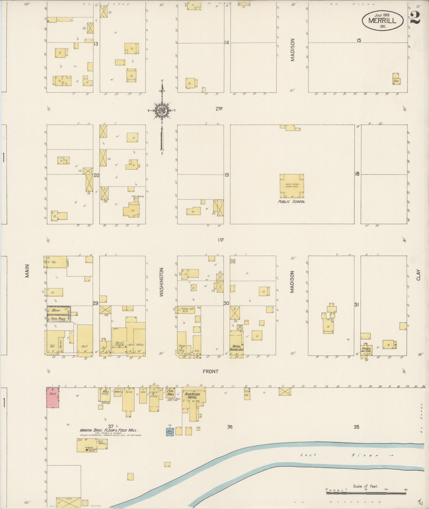 Sanborn Fire Insurance Map from Merrill, Klamath County, Oregon (1915), Sheet #0002 - Historic Sanborn Fire Insurance Map Print, vintage old map wall art, antique decor, genealogy gift, Oregon Oregon map