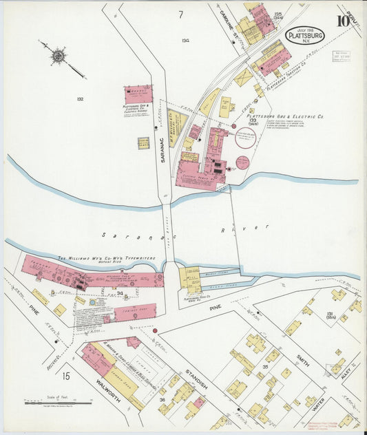 Sanborn Fire Insurance Map from Plattsburg, Clinton County, New York (1918), Sheet #0010 - Historic Sanborn Fire Insurance Map Print, vintage old map wall art, antique decor, genealogy gift, New York New York map