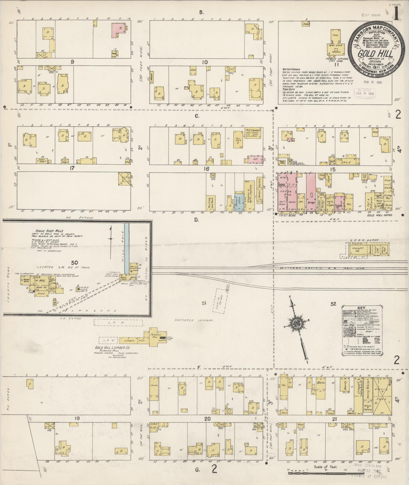 Sanborn Fire Insurance Map from Gold Hill, Jackson County, Oregon (1911), Sheet #0001 - Historic Sanborn Fire Insurance Map Print, vintage old map wall art, antique decor, genealogy gift, Oregon Oregon map