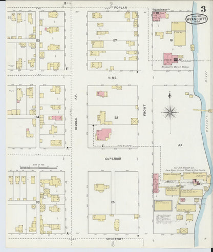 Sanborn Fire Insurance Map from Wyandotte, Wayne County, Michigan (1895), Sheet #0003 - Historic Sanborn Fire Insurance Map Print, vintage old map wall art, antique decor, genealogy gift, Michigan Michigan map