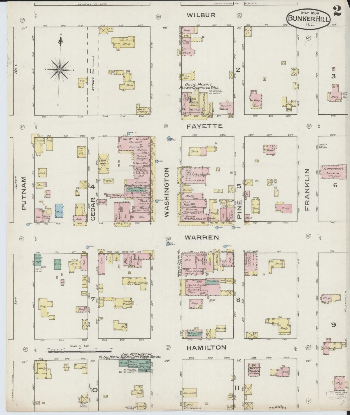 Sanborn Fire Insurance Map from Bunker Hill, Macoupin County, Illinois (1886), Sheet #0002 - Historic Sanborn Fire Insurance Map Print, vintage old map wall art, antique decor, genealogy gift, Illinois Illinois map