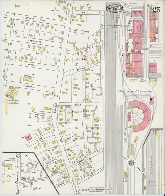 Sanborn Fire Insurance Map from Waterville, Kennebec County, Maine (1921), Sheet #0025 - Historic Sanborn Fire Insurance Map Print, vintage old map wall art, antique decor, genealogy gift, Maine Maine map