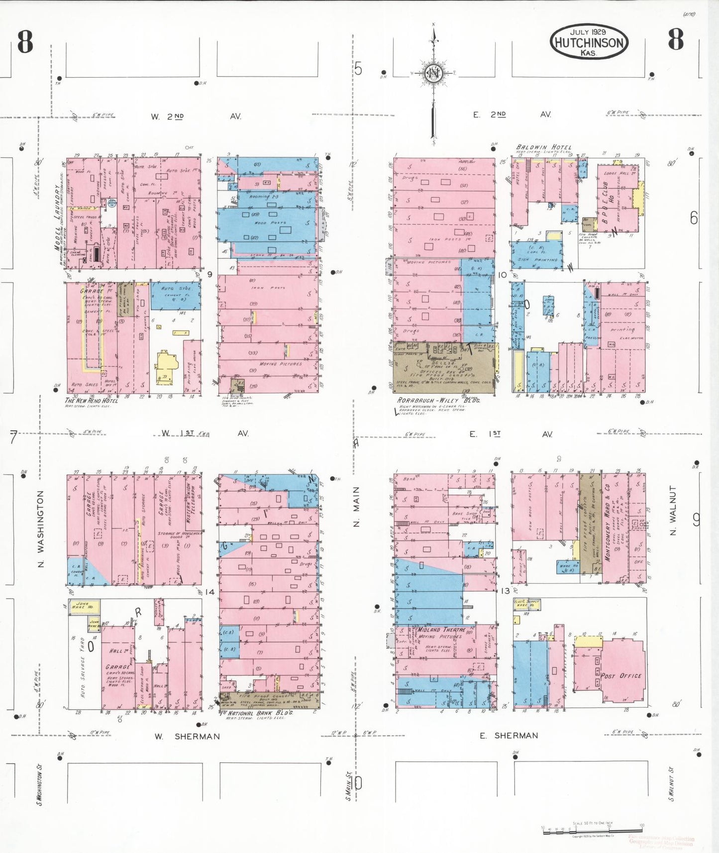 Sanborn Fire Insurance Map from Hutchinson, Reno County, Kansas (1929), Sheet #0009 - Complete Map Set gallery image, historic Sanborn map, vintage wall art, Kansas Kansas