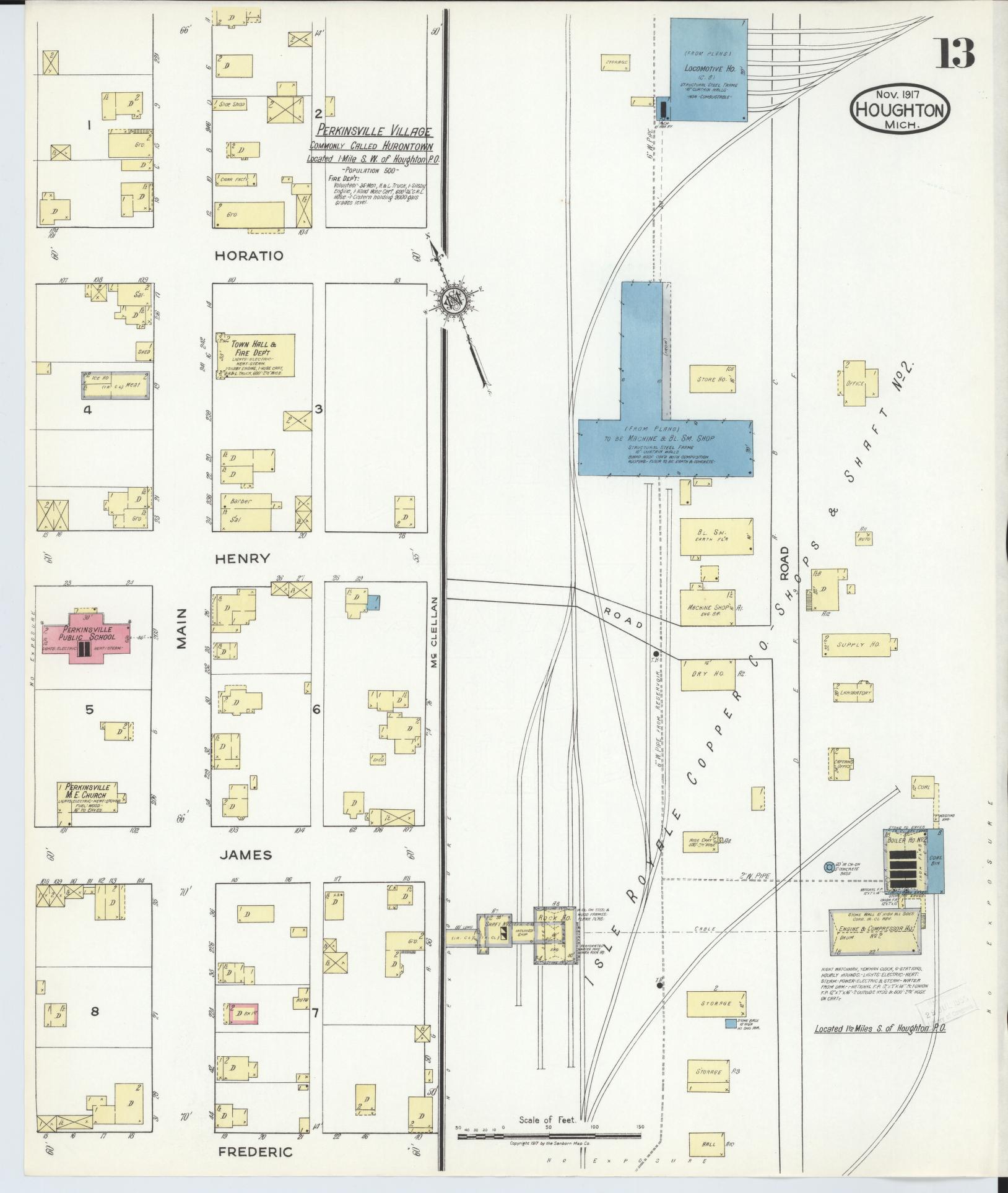 Sanborn Fire Insurance Map from Houghton, Houghton County, Michigan (1917), Sheet #0013 - Historic Sanborn Fire Insurance Map Print, vintage old map wall art, antique decor, genealogy gift, Michigan Michigan map