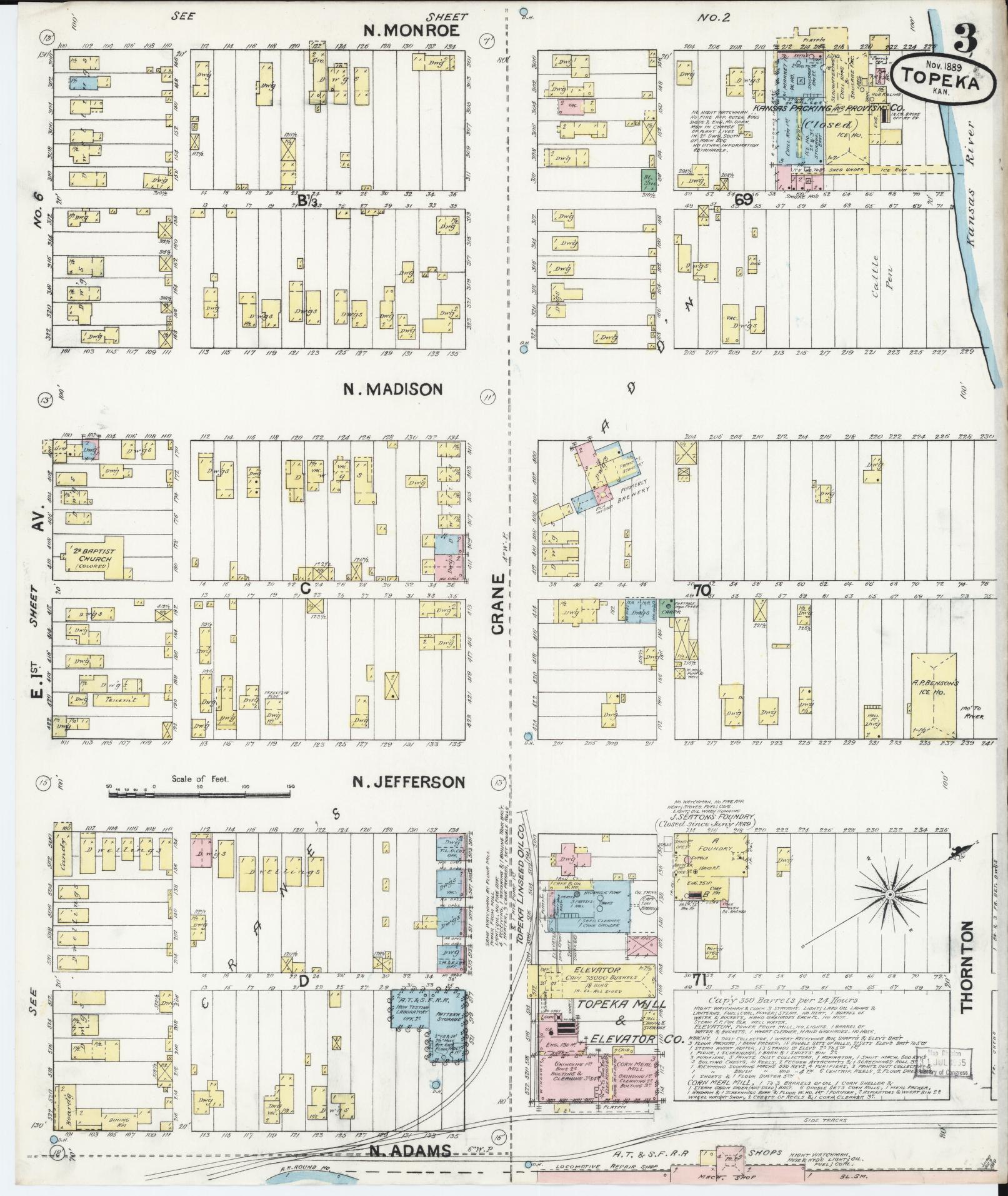 Sanborn Fire Insurance Map from Topeka, Shawnee County, Kansas (1889), Sheet #0004 - Historic Sanborn Fire Insurance Map Print, vintage old map wall art, antique decor, genealogy gift, Kansas Kansas map