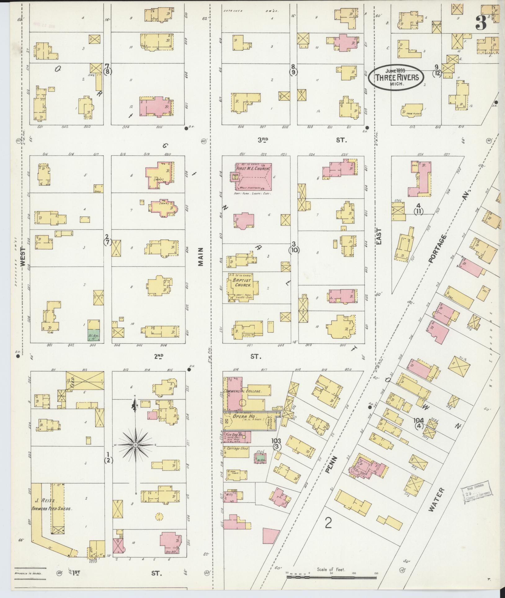 Sanborn Fire Insurance Map from Three Rivers, Saint Joseph County, Michigan (1899), Sheet #0003 - Complete Map Set gallery image, historic Sanborn map, vintage wall art, Michigan Michigan