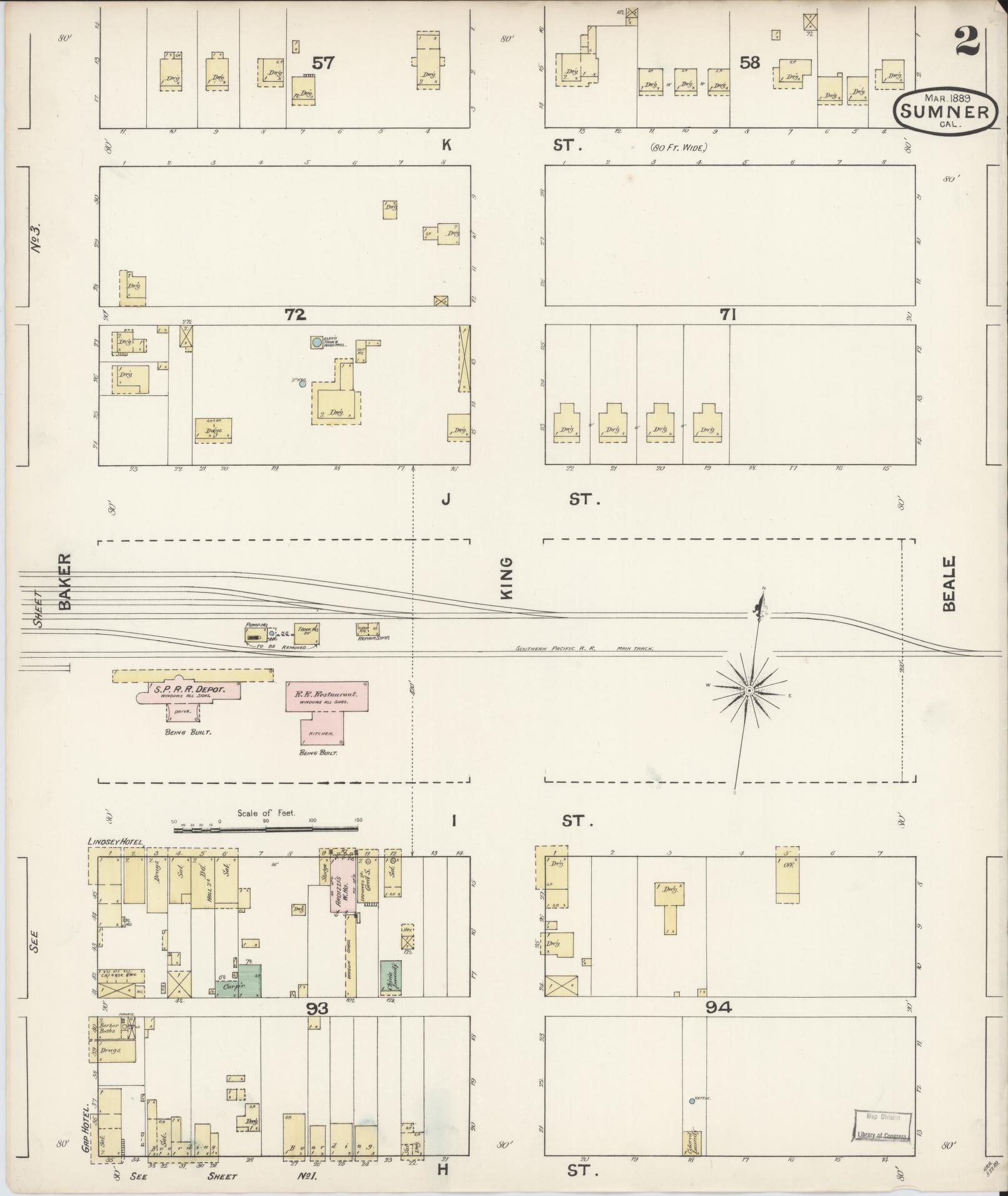 Sanborn Fire Insurance Map from Sumner, Kern County, California (1889), Sheet #0002 - Complete Map Set gallery image, historic Sanborn map, vintage wall art, California California