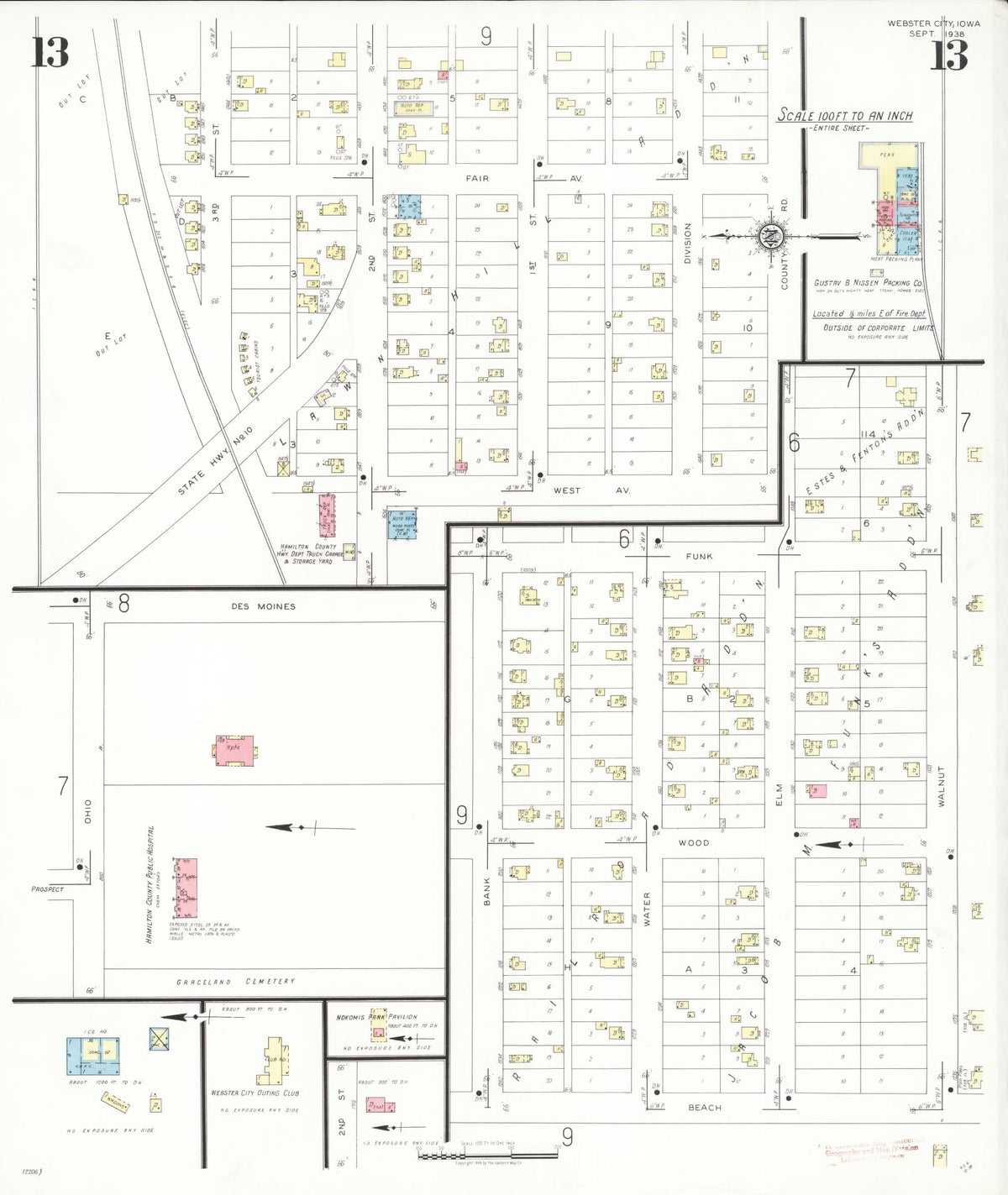 Sanborn Fire Insurance Map from Webster City, Hamilton County, Iowa (1938), Sheet #0013 - Historic Sanborn Fire Insurance Map Print, vintage old map wall art