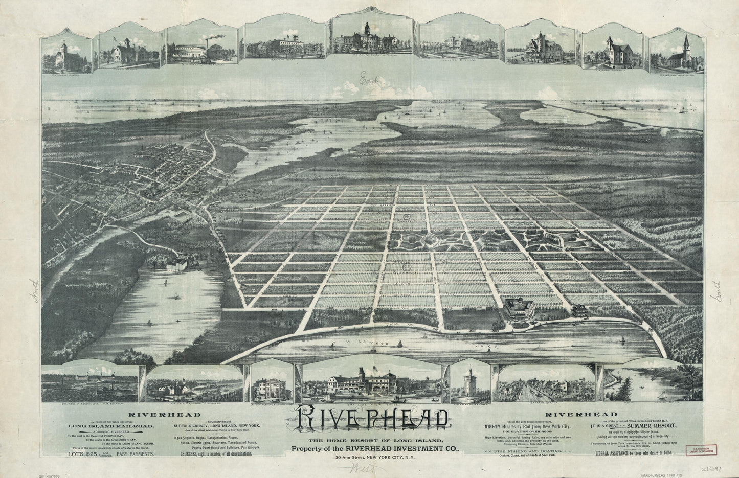 Riverhead, the home resort of Long Island : property of the Riverhead Investment Co., 30 Ann Street, New York City, N.Y. (1890) – Historic Bird’s-Eye View Panorama Print