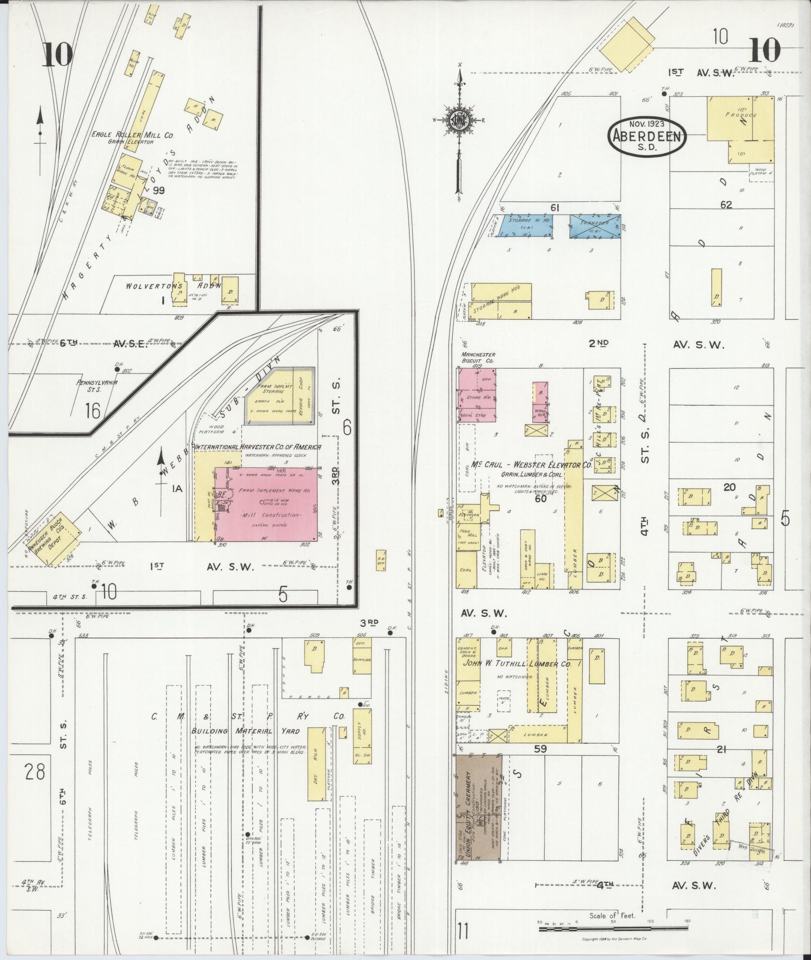 Sanborn Fire Insurance Map from Aberdeen, Brown County, South Dakota (1923), Sheet #0010 - Complete Map Set gallery image, historic Sanborn map, vintage wall art, South Dakota South Dakota