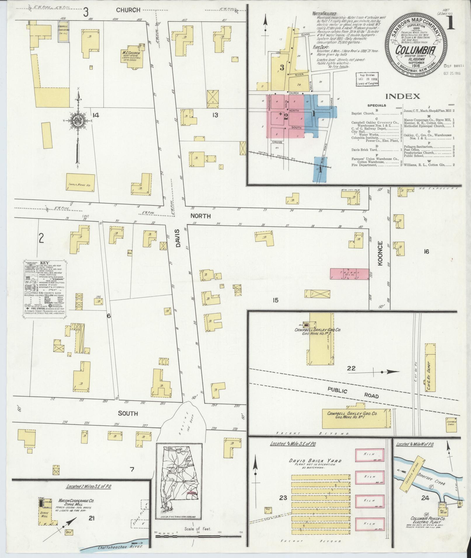 Sanborn Fire Insurance Map from Columbia, Houston County, Alabama (1916), Sheet #0001 - Complete Map Set gallery image, historic Sanborn map, vintage wall art, Alabama Alabama