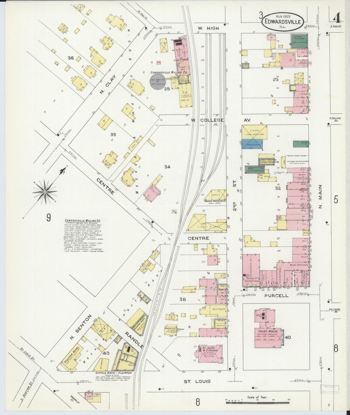 Sanborn Fire Insurance Map from Edwardsville, Madison County, Illinois (1909), Sheet #0004 - Historic Sanborn Fire Insurance Map Print, vintage old map wall art, antique decor, genealogy gift, Illinois Illinois map