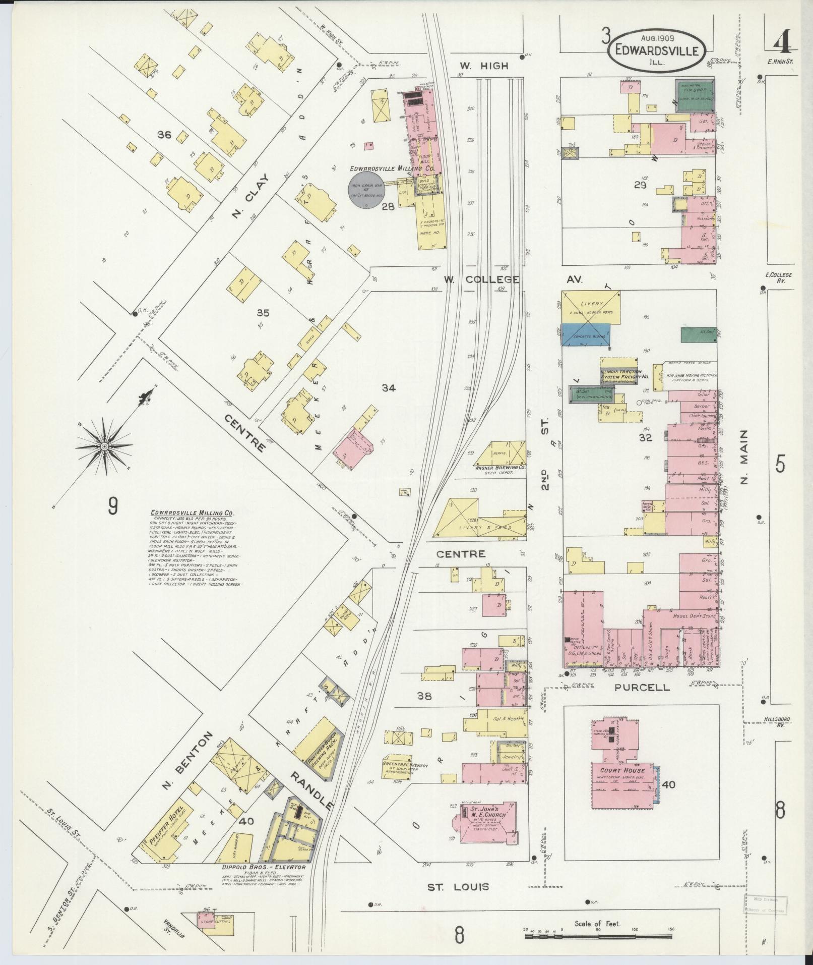 Sanborn Fire Insurance Map from Edwardsville, Madison County, Illinois (1909), Sheet #0004 - Historic Sanborn Fire Insurance Map Print, vintage old map wall art, antique decor, genealogy gift, Illinois Illinois map