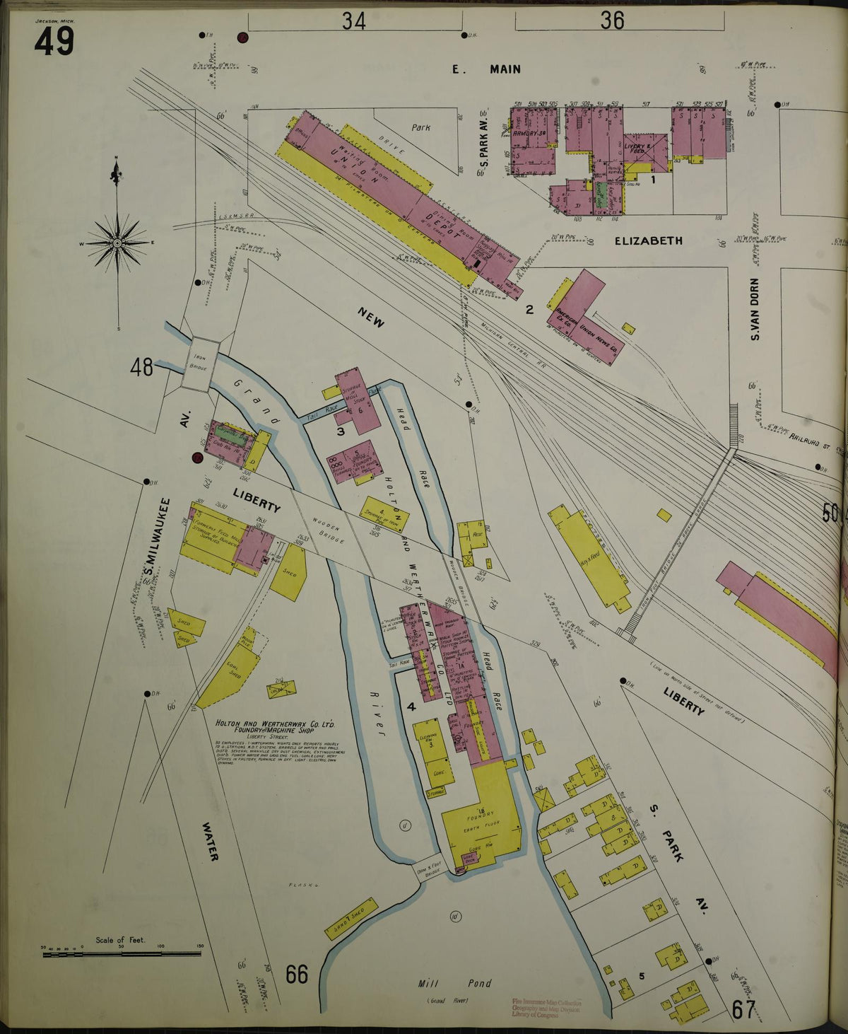 Sanborn Fire Insurance Map from Jackson, Jackson County, Michigan (1907), Sheet #0049 - Historic Sanborn Fire Insurance Map Print, vintage old map wall art, antique decor, genealogy gift, Michigan Michigan map
