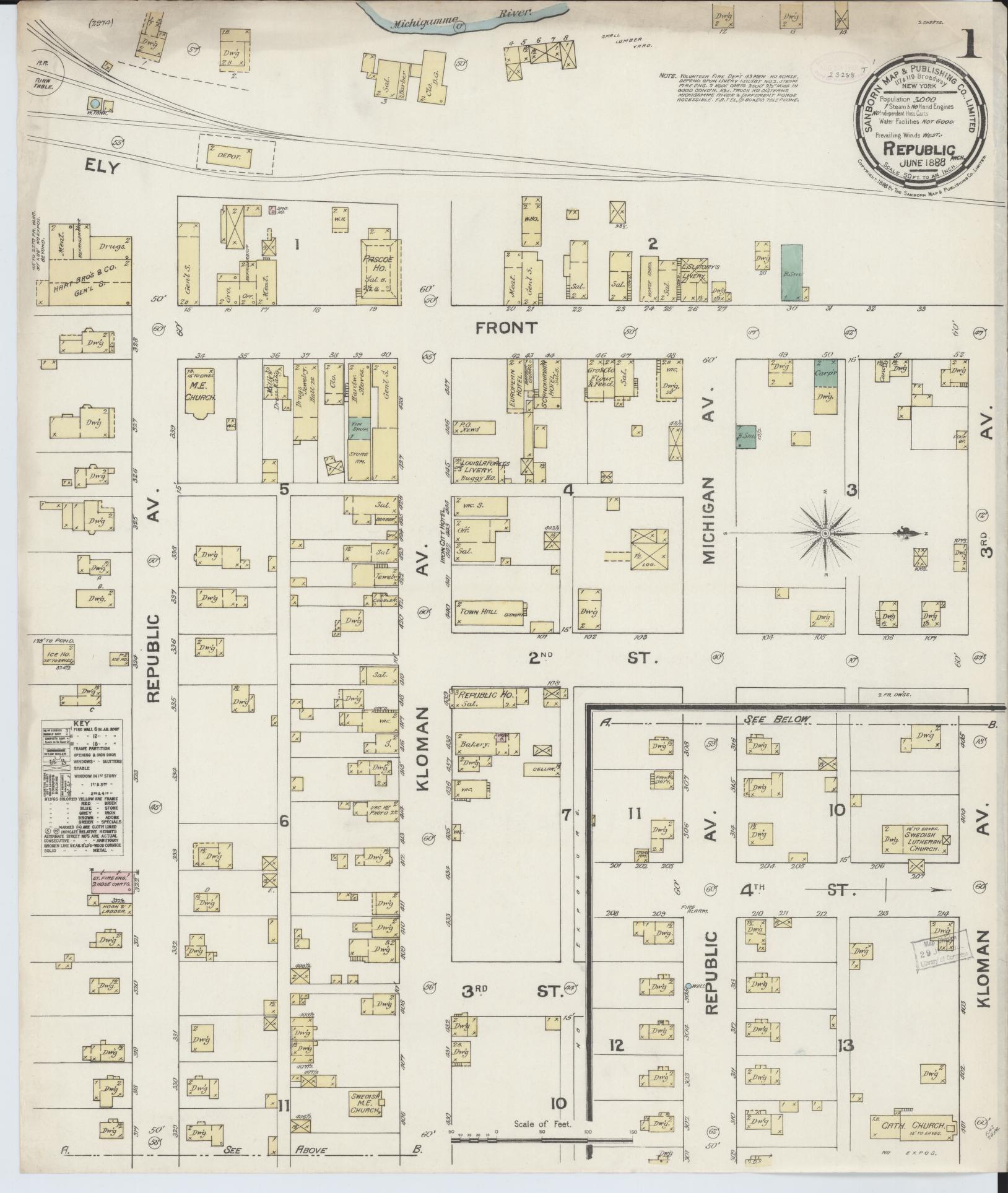 Sanborn Fire Insurance Map from Republic, Marquette County, Michigan (1888), Sheet #0001 - Complete Map Set gallery image, historic Sanborn map, vintage wall art, Michigan Michigan