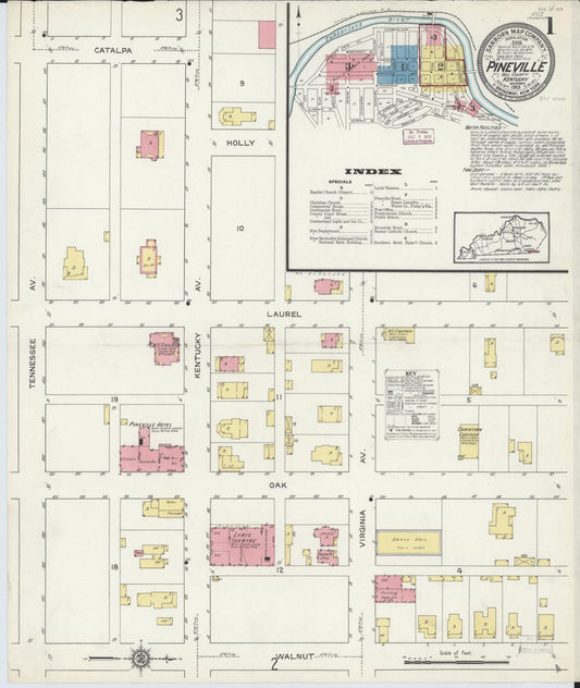 Sanborn Fire Insurance Map from Pineville, Bell County, Kentucky (1913), Sheet #0001 - Historic Sanborn Fire Insurance Map Print, vintage old map wall art, antique decor, genealogy gift, Kentucky Kentucky map