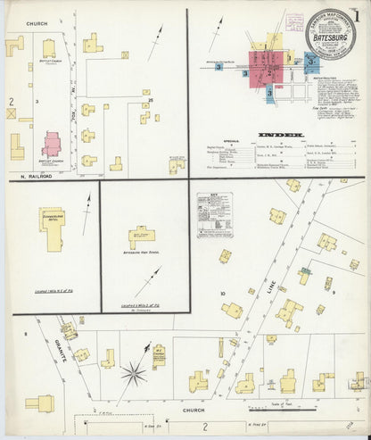 Sanborn Fire Insurance Map from Batesburg, Lexington And Saluda Counties, South Carolina (1908), Sheet #0001 - Complete Map Set gallery image, historic Sanborn map, vintage wall art, South Carolina South Carolina