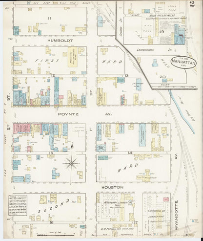 Sanborn Fire Insurance Map from Manhattan, Riley County, Kansas (1885), Sheet #0002 - Complete Map Set gallery image, historic Sanborn map, vintage wall art, Kansas Kansas