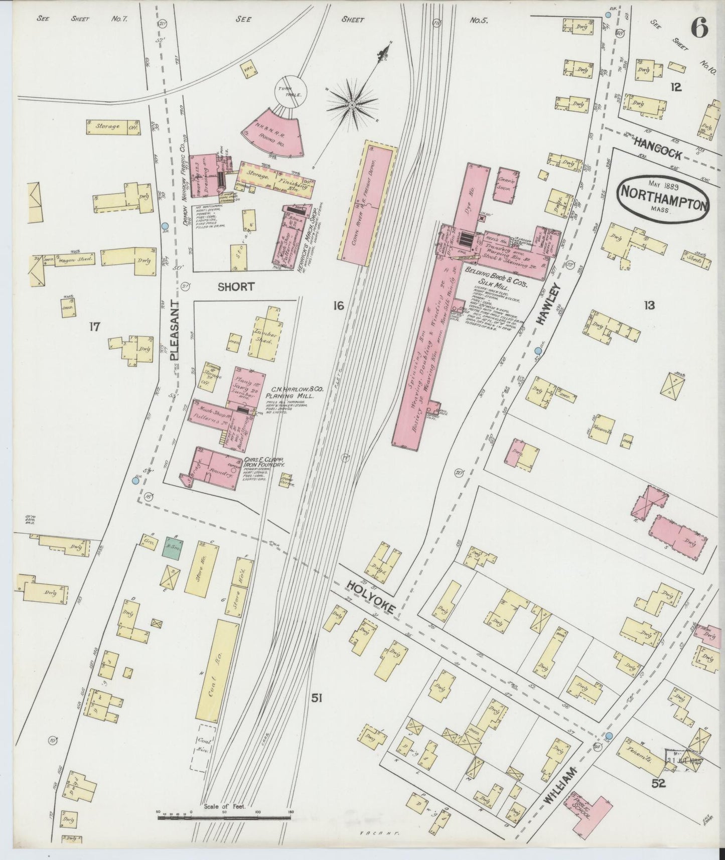 Sanborn Fire Insurance Map from Northampton, Hampshire County, Massachusetts (1889), Sheet #0006 - Historic Sanborn Fire Insurance Map Print, vintage old map wall art, antique decor, genealogy gift, Massachusetts Massachusetts map