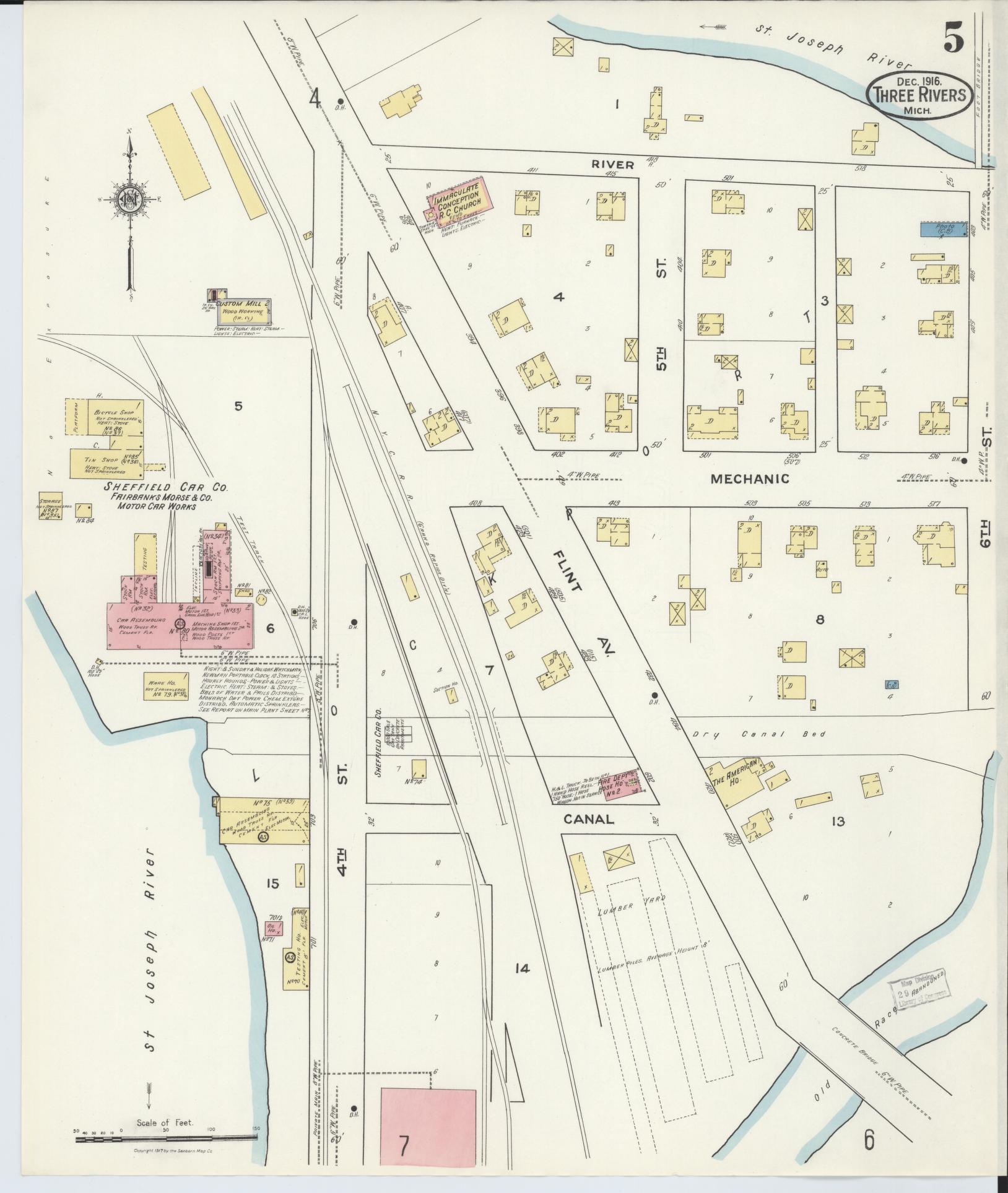 Sanborn Fire Insurance Map from Three Rivers, Saint Joseph County, Michigan (1916), Sheet #0005 - Historic Sanborn Fire Insurance Map Print, vintage old map wall art, antique decor, genealogy gift, Michigan Michigan map