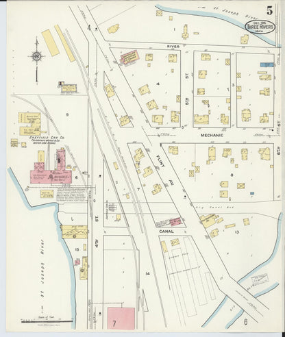 Sanborn Fire Insurance Map from Three Rivers, Saint Joseph County, Michigan (1916), Sheet #0005 - Historic Sanborn Fire Insurance Map Print, vintage old map wall art, antique decor, genealogy gift, Michigan Michigan map