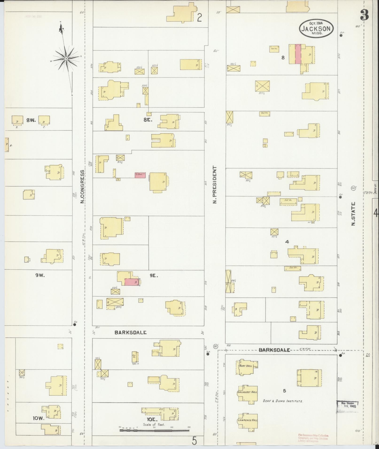 Sanborn Fire Insurance Map from Jackson, Hinds County, Mississippi (1904), Sheet #0003 - Historic Sanborn Fire Insurance Map Print, vintage old map wall art, antique decor, genealogy gift, Mississippi Mississippi map