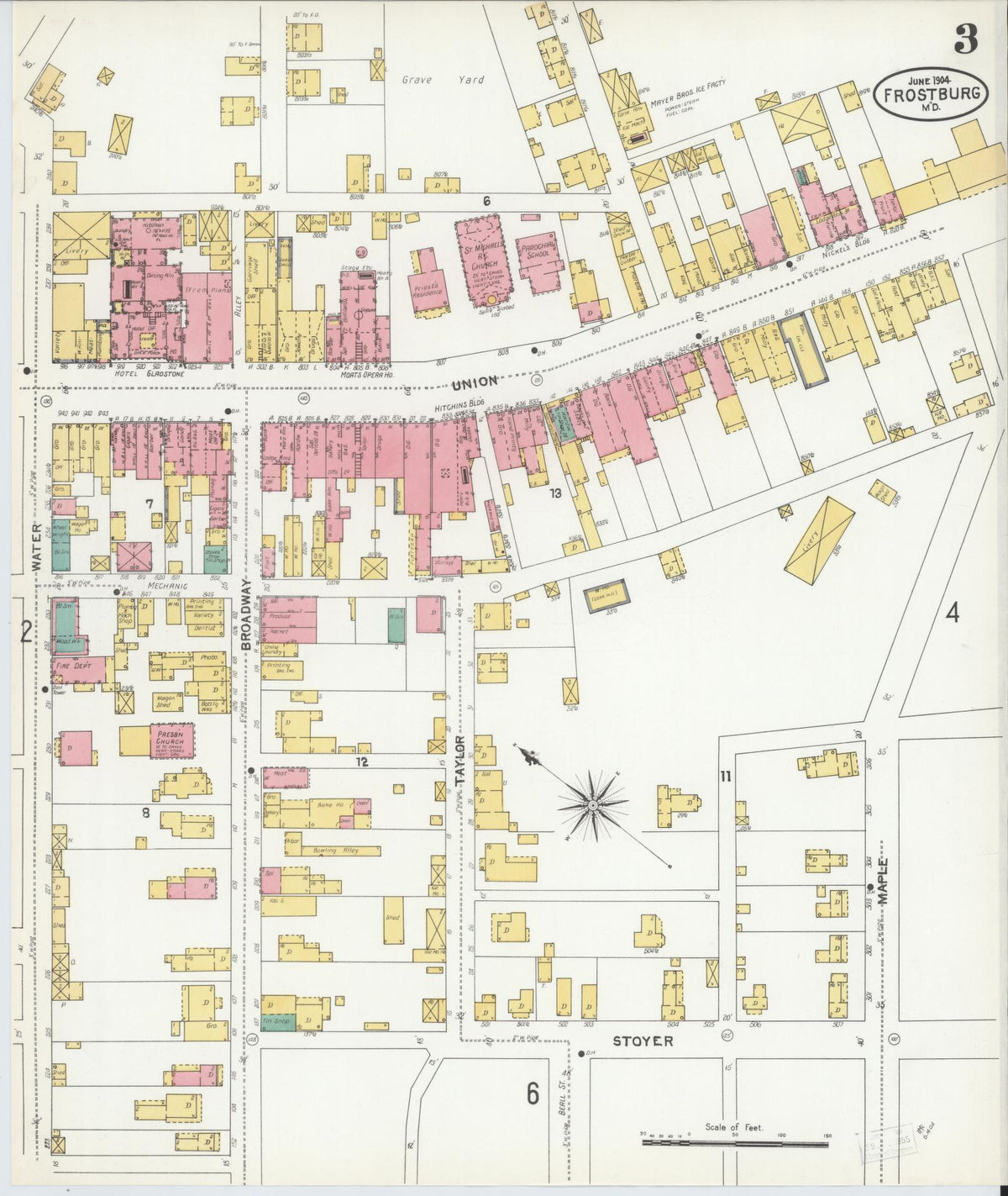Sanborn Fire Insurance Map from Frostburg, Allegany County, Maryland (1904), Sheet #0003 - Historic Sanborn Fire Insurance Map Print, vintage old map wall art, antique decor, genealogy gift, Maryland Maryland map