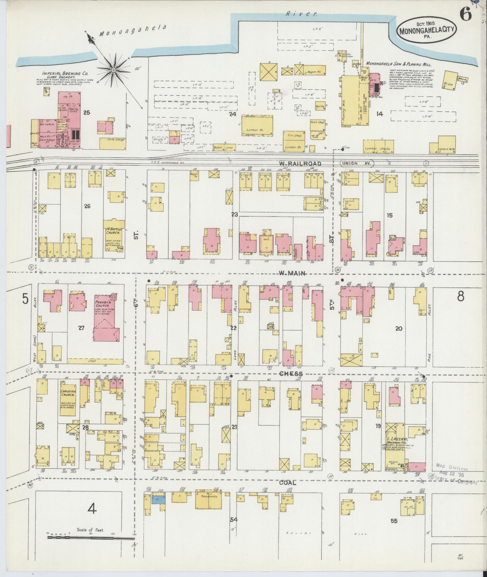 Sanborn Fire Insurance Map from Monongahela City, Washington County, Pennsylvania (1905), Sheet #0006 - Historic Sanborn Fire Insurance Map Print, vintage old map wall art, antique decor, genealogy gift, Pennsylvania Pennsylvania map