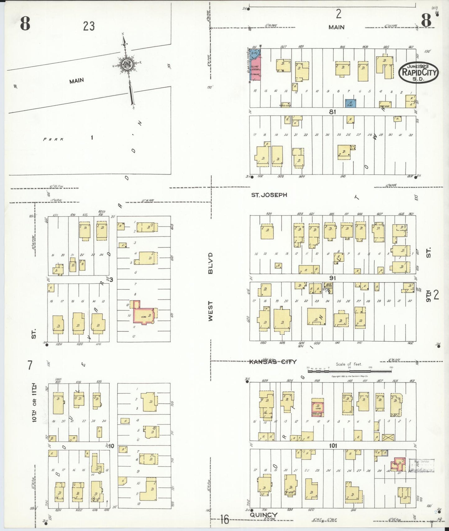 Sanborn Fire Insurance Map from Rapid City, Pennington County, South Dakota (1923), Sheet #0008 - Complete Map Set gallery image, historic Sanborn map, vintage wall art, South Dakota South Dakota