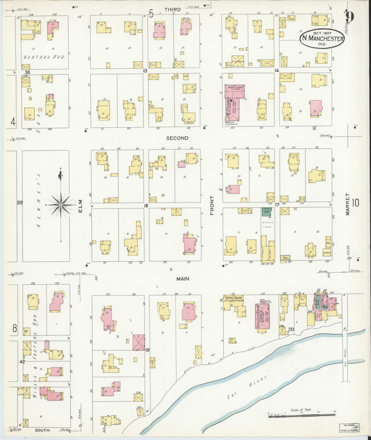 Sanborn Fire Insurance Map from North Manchester, Wabash County, Indiana (1907), Sheet #0009 - Complete Map Set gallery image, historic Sanborn map, vintage wall art, Indiana Indiana
