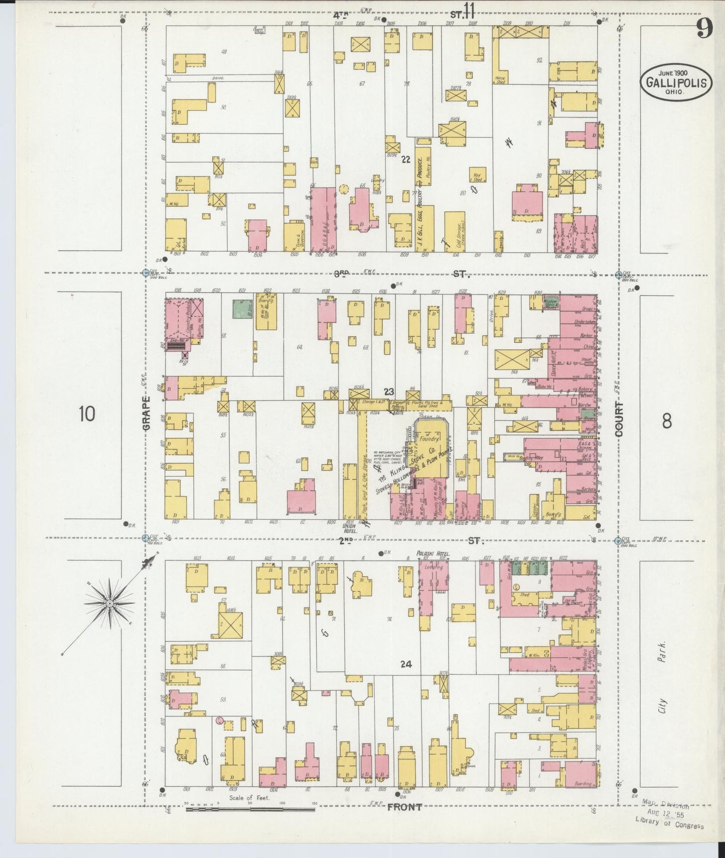 Sanborn Fire Insurance Map from Gallipolis, Gallia County, Ohio (1900), Sheet #0009 - Historic Sanborn Fire Insurance Map Print, vintage old map wall art, antique decor, genealogy gift, Ohio Ohio map
