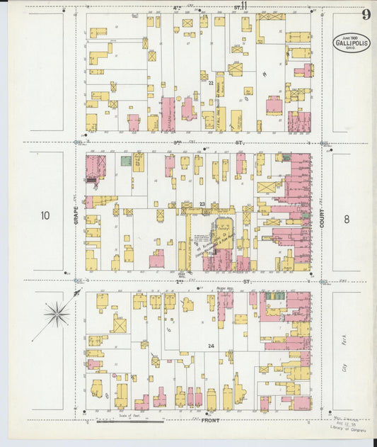 Sanborn Fire Insurance Map from Gallipolis, Gallia County, Ohio (1900), Sheet #0009 - Historic Sanborn Fire Insurance Map Print, vintage old map wall art, antique decor, genealogy gift, Ohio Ohio map