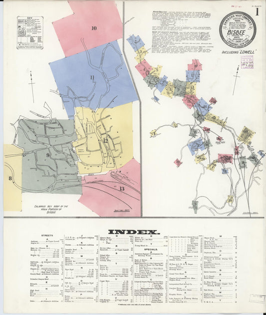 Sanborn Fire Insurance Map from Bisbee, Cochise County, Arizona (1908), Sheet #0001 - Historic Sanborn Fire Insurance Map Print, vintage old map wall art, antique decor, genealogy gift, Arizona Arizona map