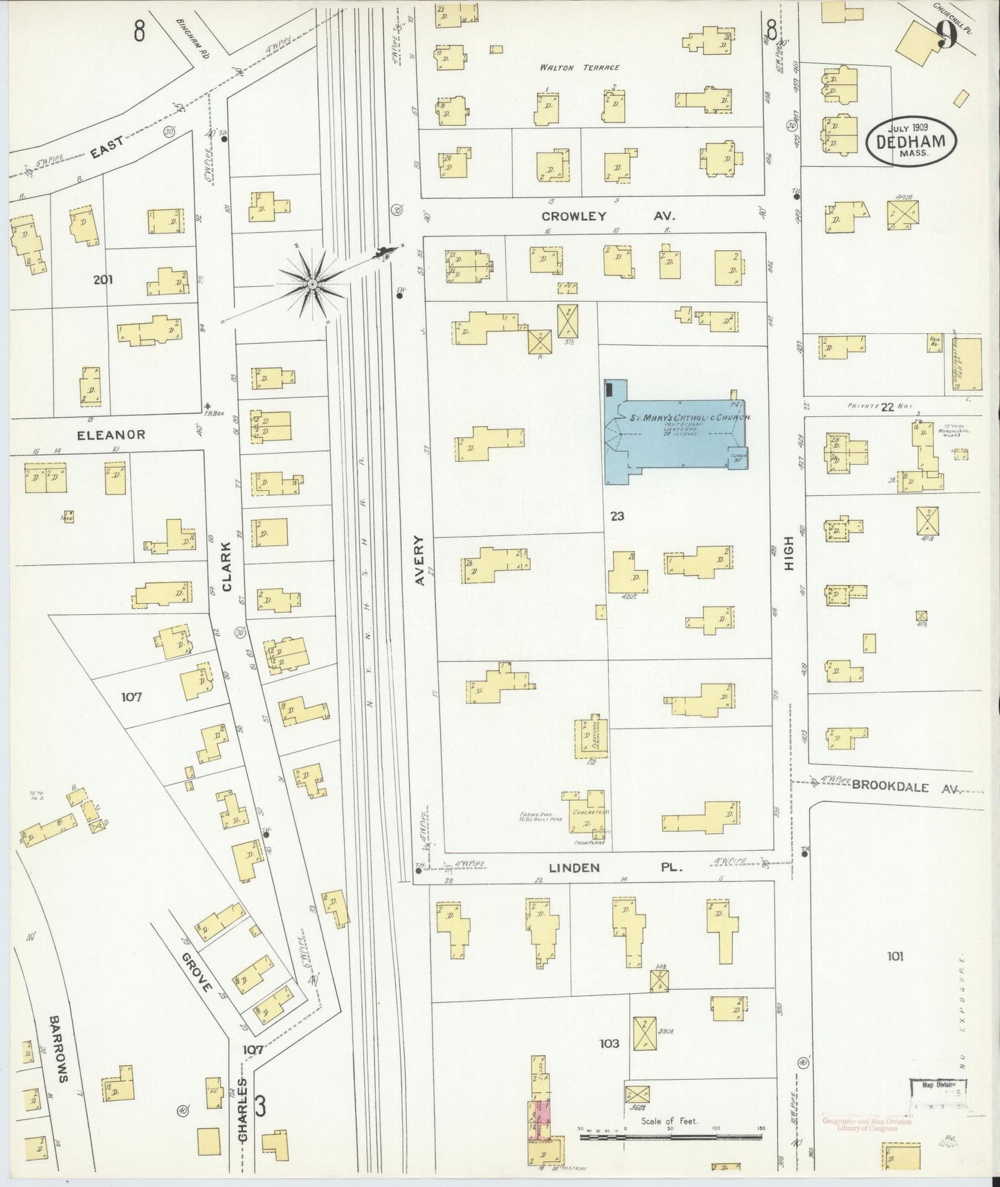 Sanborn Fire Insurance Map from Dedham, Norfolk County, Massachusetts (1909), Sheet #0009 - Historic Sanborn Fire Insurance Map Print, vintage old map wall art, antique decor, genealogy gift, Massachusetts Massachusetts map