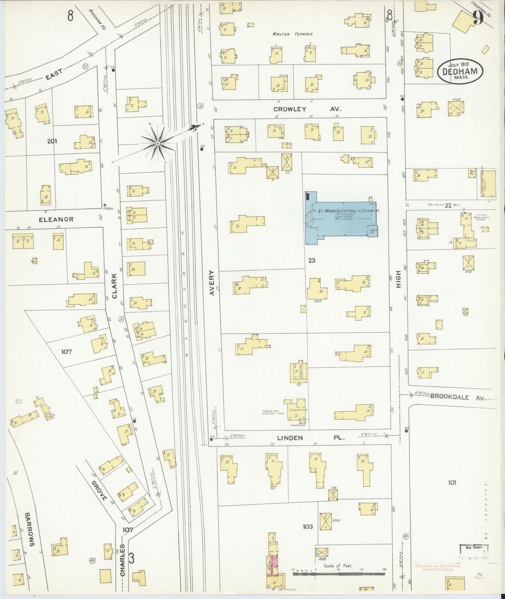 Sanborn Fire Insurance Map from Dedham, Norfolk County, Massachusetts (1909), Sheet #0009 - Historic Sanborn Fire Insurance Map Print, vintage old map wall art, antique decor, genealogy gift, Massachusetts Massachusetts map