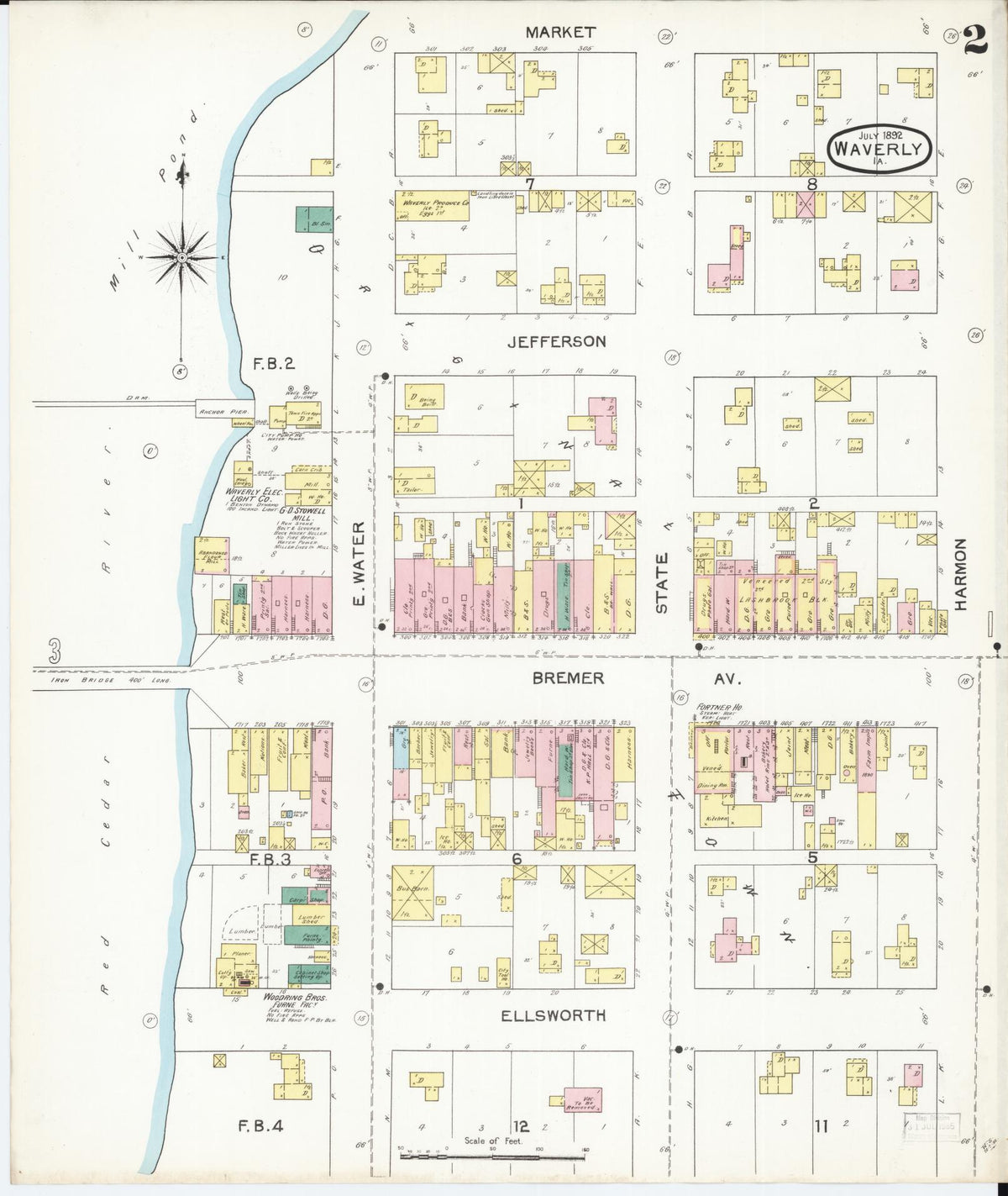 Sanborn Fire Insurance Map from Waverly, Bremer County, Iowa (1892), Sheet #0002 - Historic Sanborn Fire Insurance Map Print, vintage old map wall art