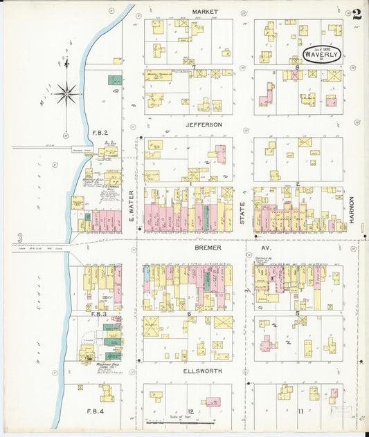 Sanborn Fire Insurance Map from Waverly, Bremer County, Iowa (1892), Sheet #0002 - Historic Sanborn Fire Insurance Map Print, vintage old map wall art