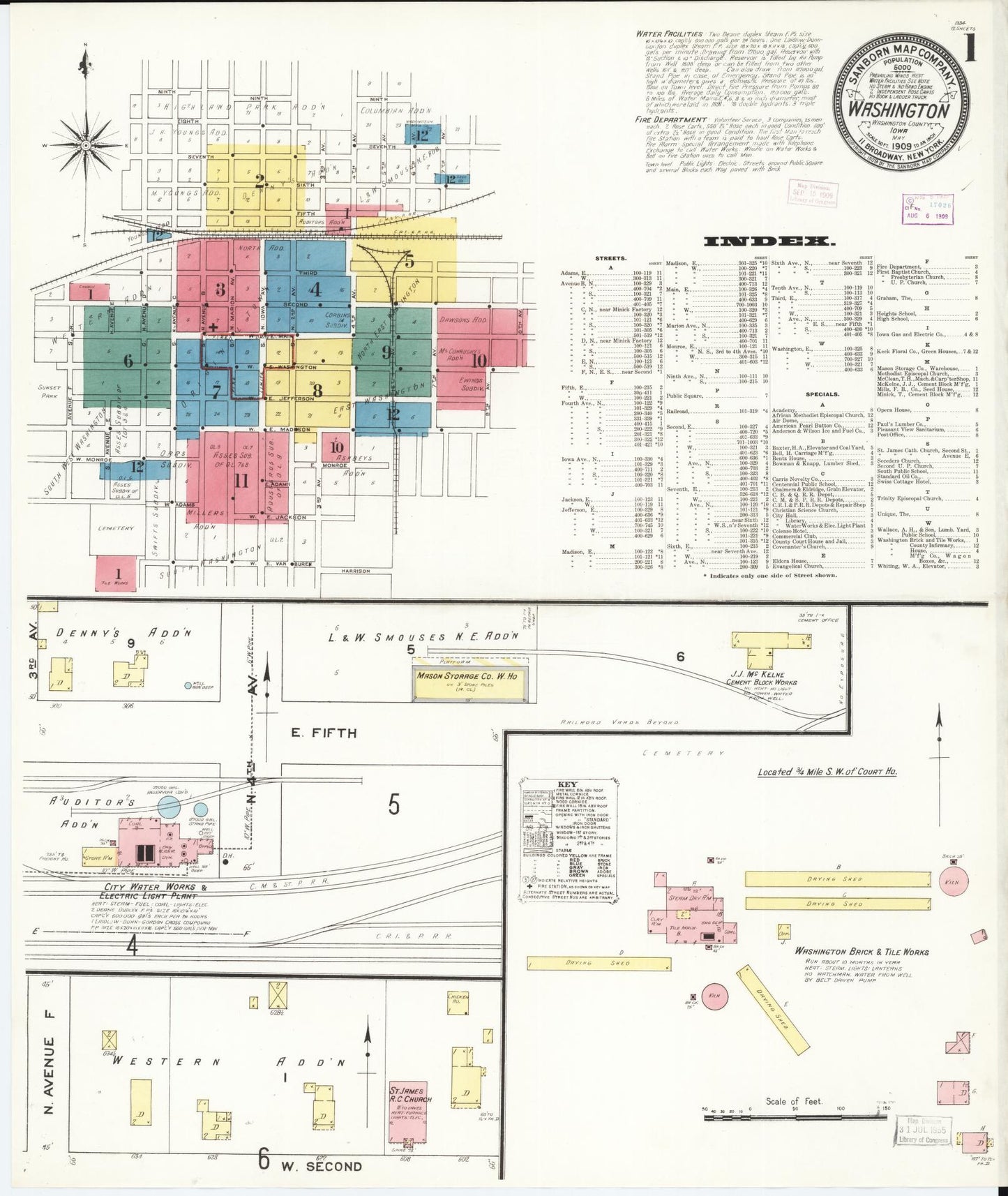 Sanborn Fire Insurance Map from Washington, Washington County, Iowa (1909), Sheet #0001 - Historic Sanborn Fire Insurance Map Print